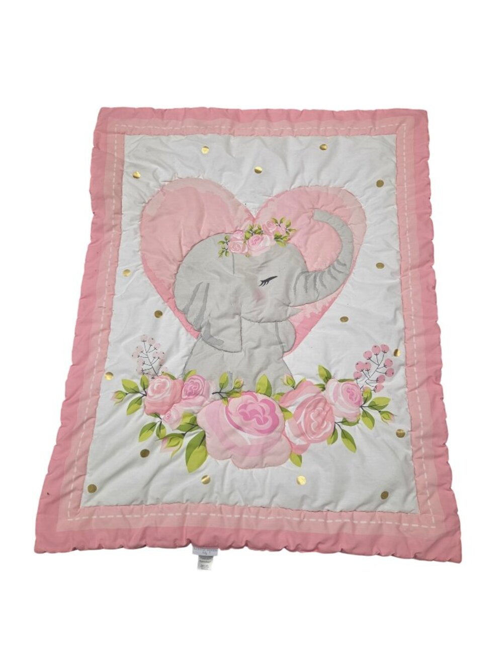 Nanette Lepore Baby Blanket Elephant Pink Heart Flowers Crib Quilt 32 x 42